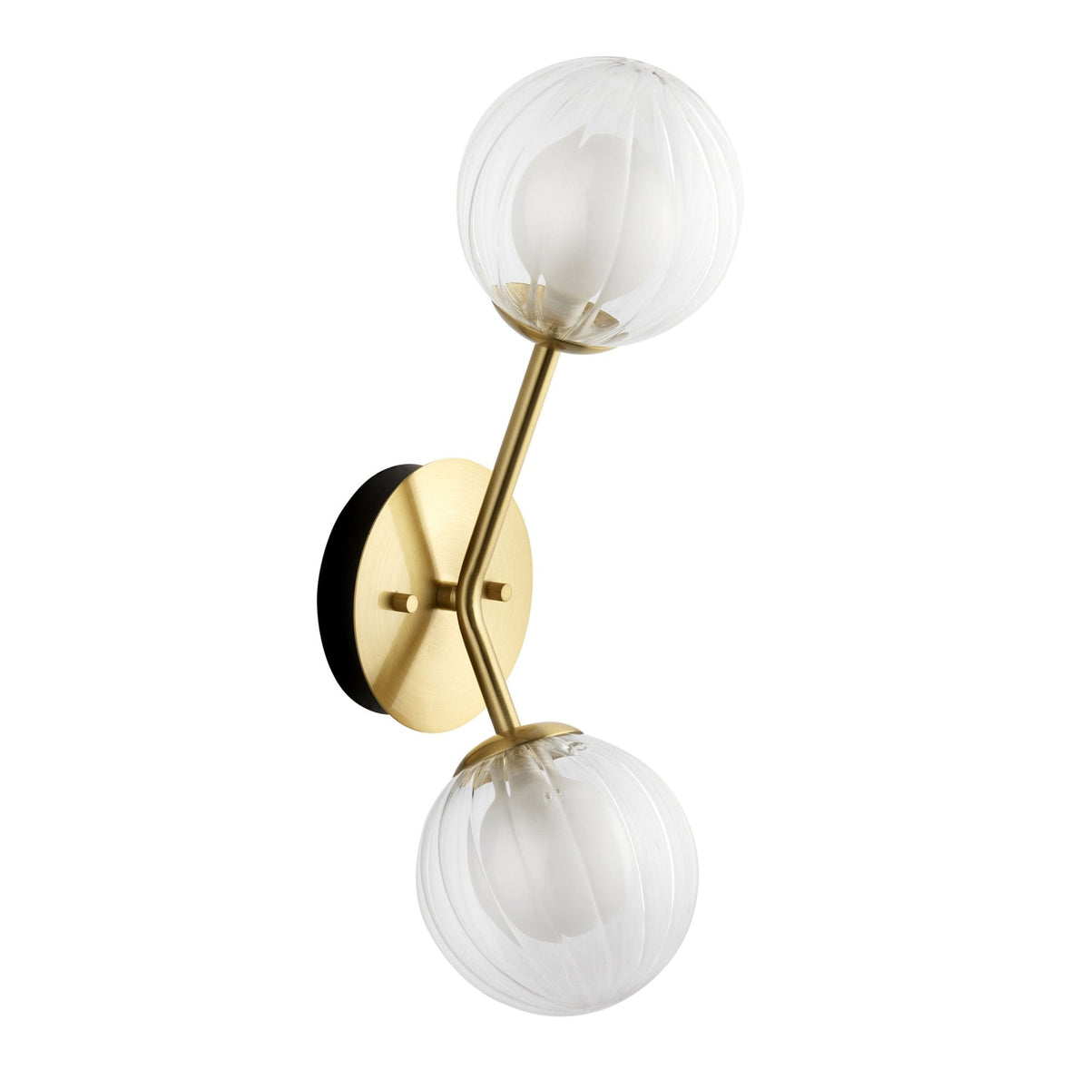 Osmond Two Lamp Wall Light in Satin Brass with Clear Ribbed & Frosted Glass