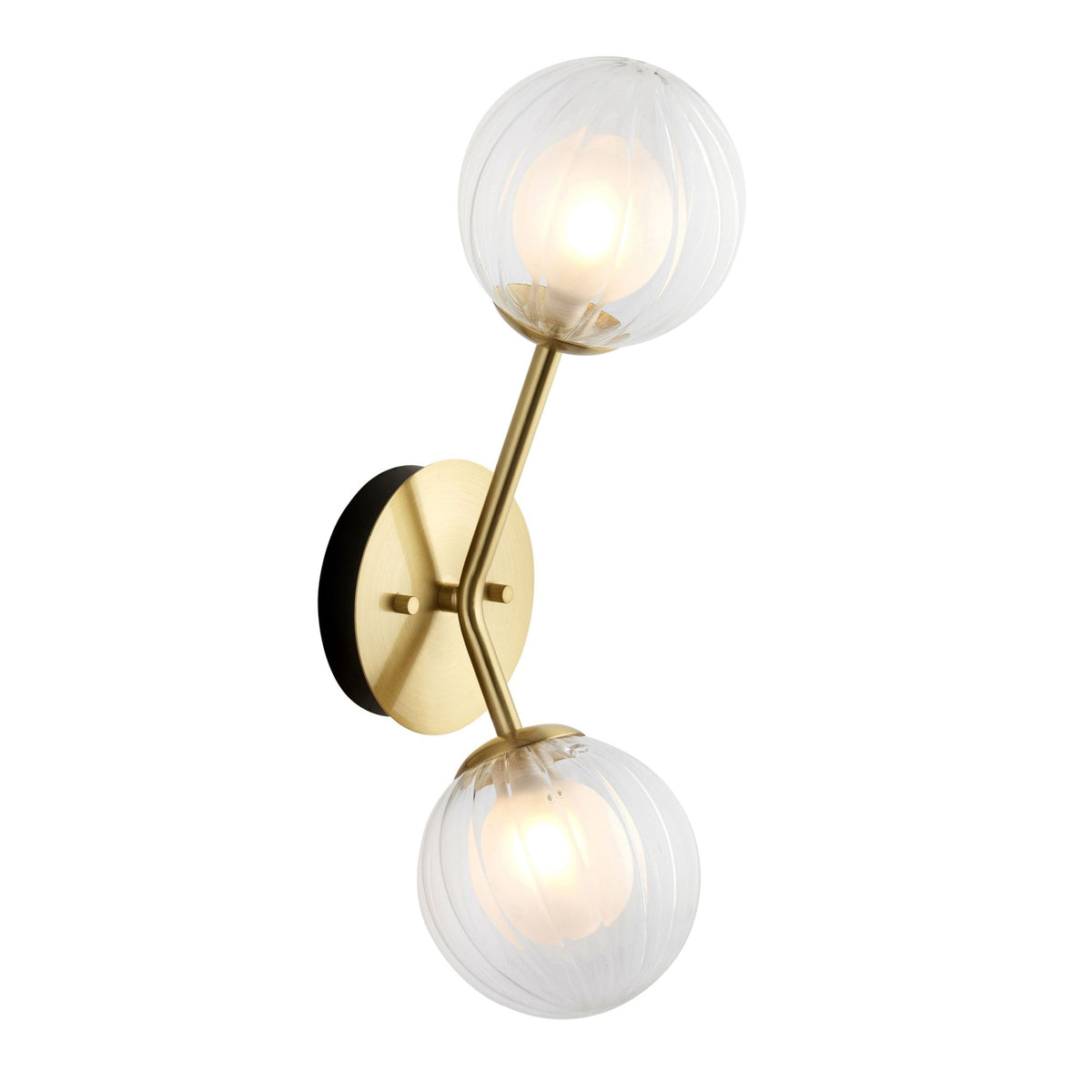 Osmond Two Lamp Wall Light in Satin Brass with Clear Ribbed & Frosted Glass