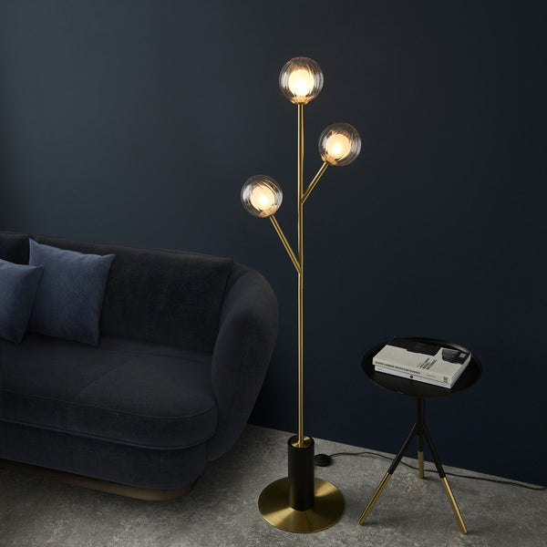 Osmond Three Light Floor Lamp in Satin Brass with Clear Ribbed & Frosted Glass