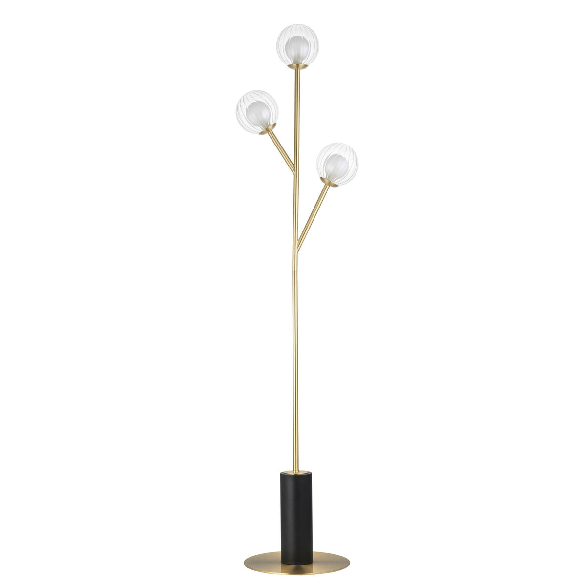 Lampadaire moderne avec un corps en laiton, une base en laiton et noir, et trois globes en verre texturé.