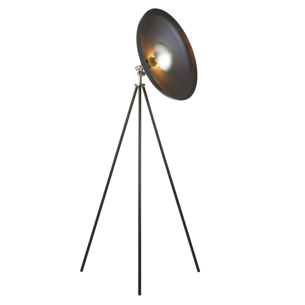 A black tripod floor lamp with a gold inner shade against a white background.