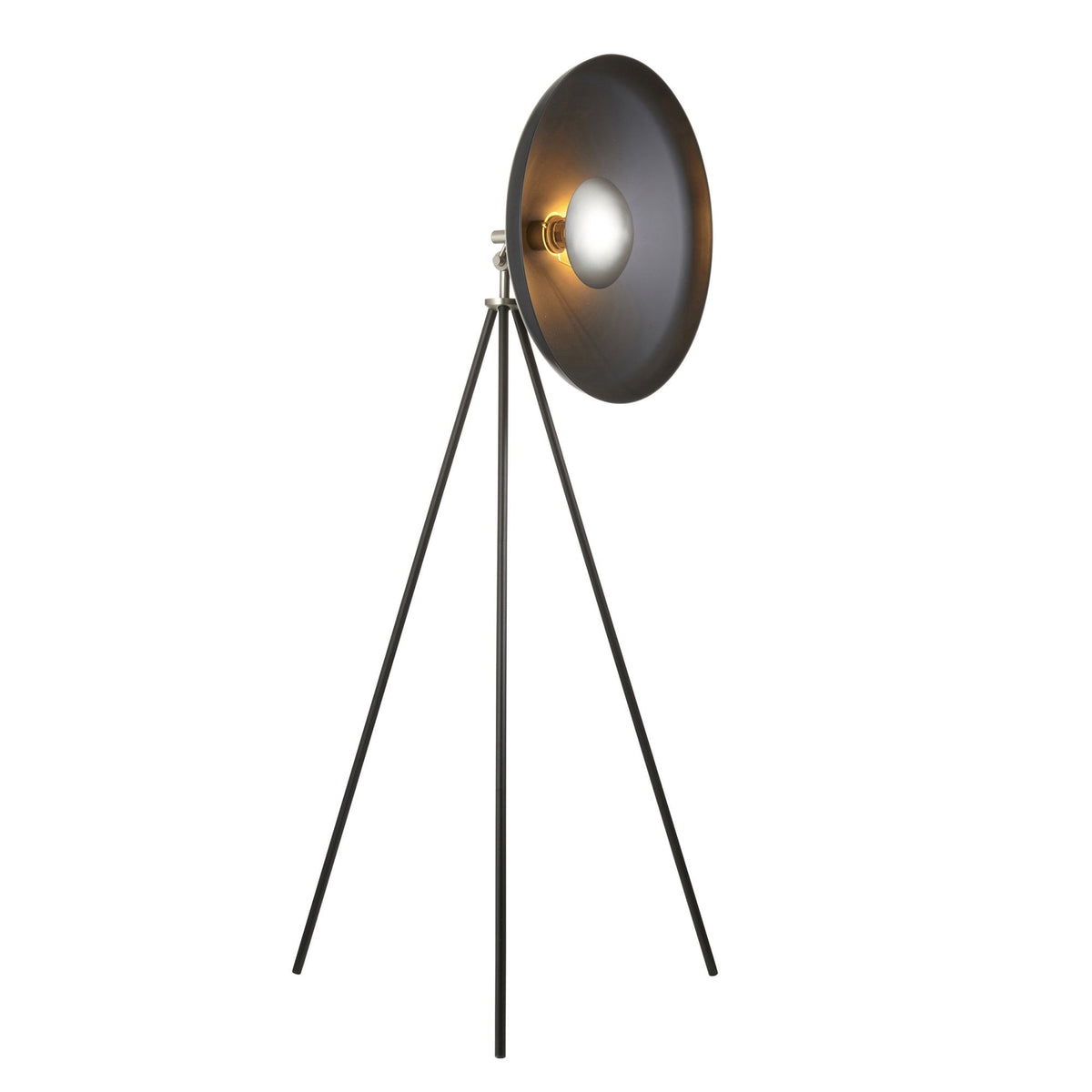 A black tripod floor lamp with a gold inner shade, isolated on white.