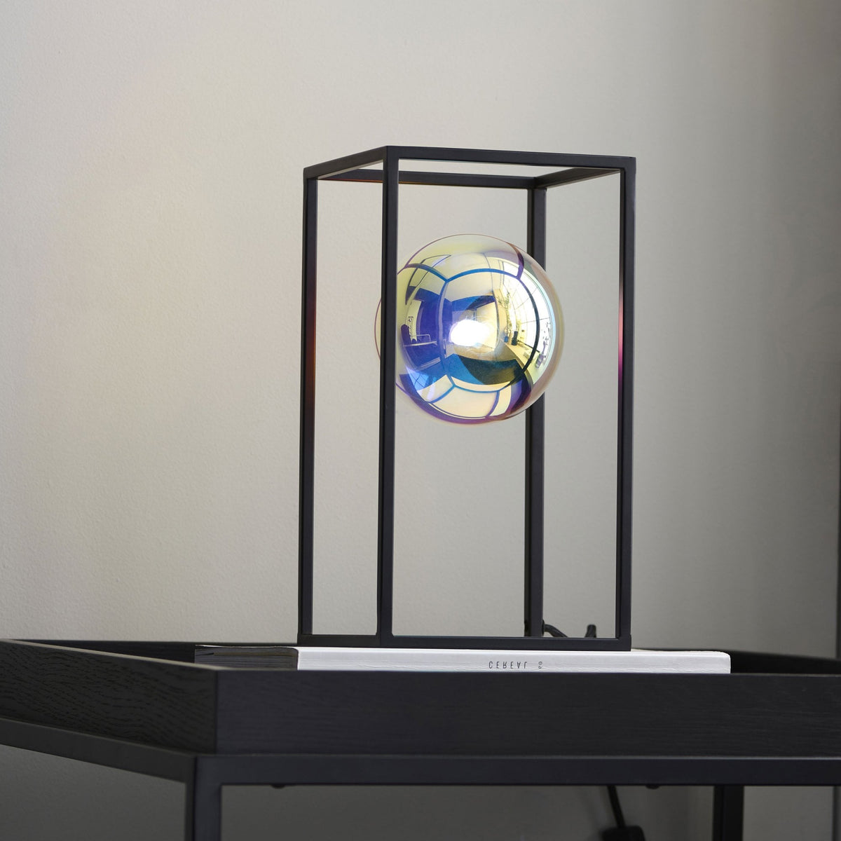 Kinjo Table Lamp in Matt Black with Iridescent Glass