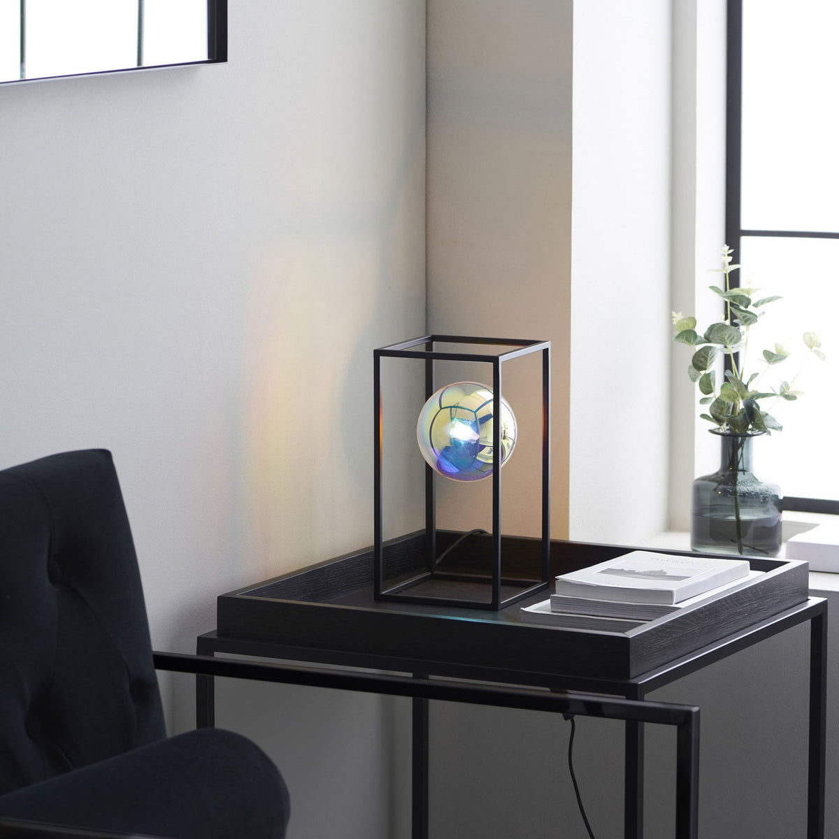 Kinjo Table Lamp in Matt Black with Iridescent Glass