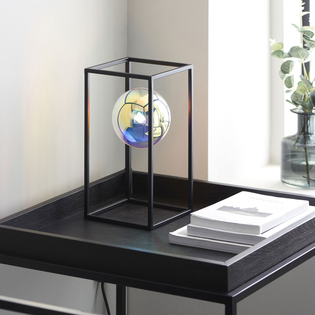 Kinjo Table Lamp in Matt Black with Iridescent Glass