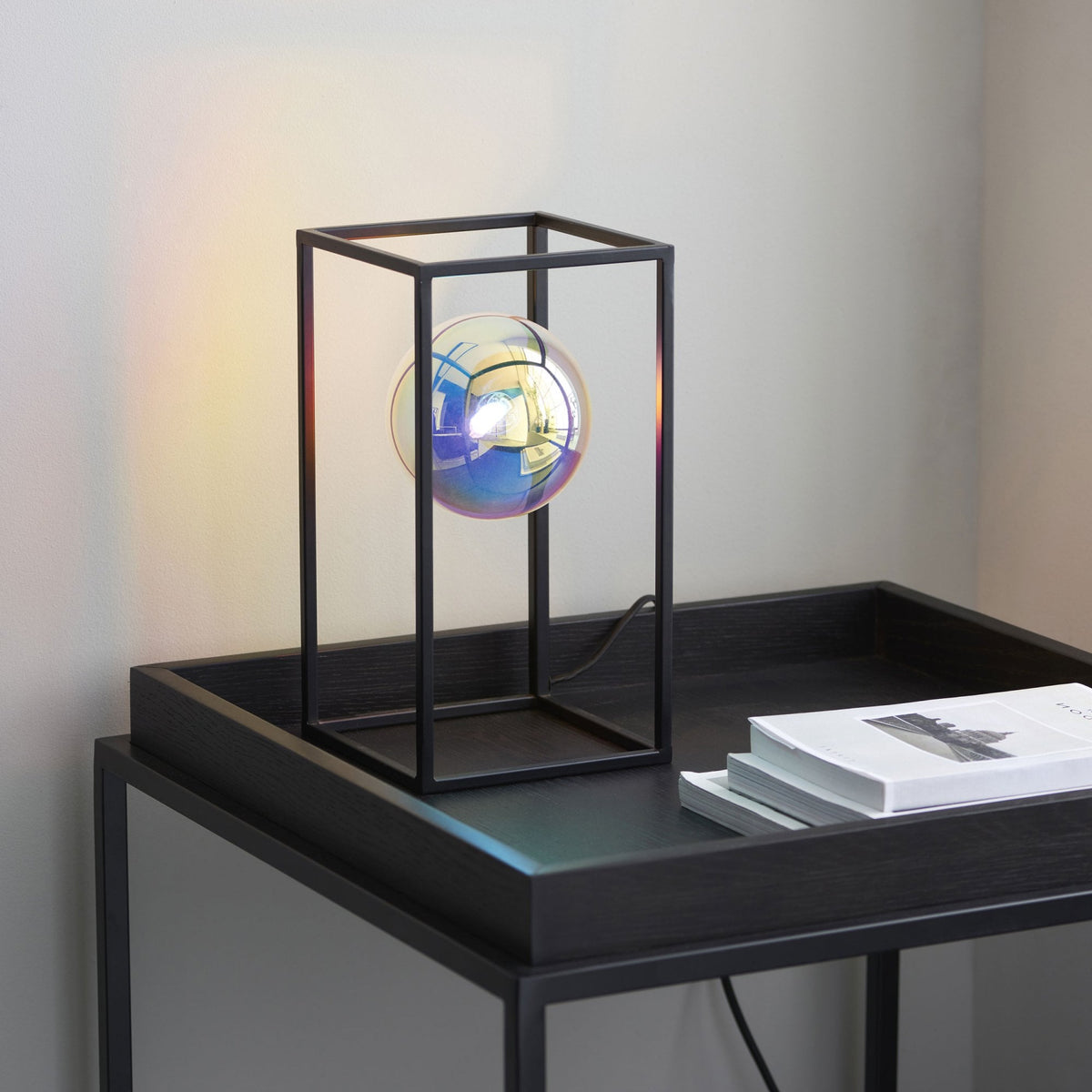 Kinjo Table Lamp in Matt Black with Iridescent Glass