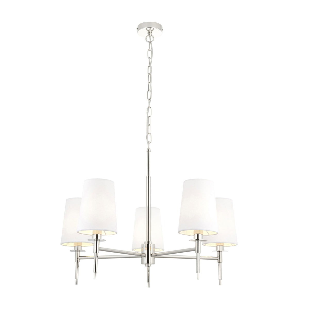 A contemporary 5-arm chandelier with white fabric shades, hanging against a white background.
