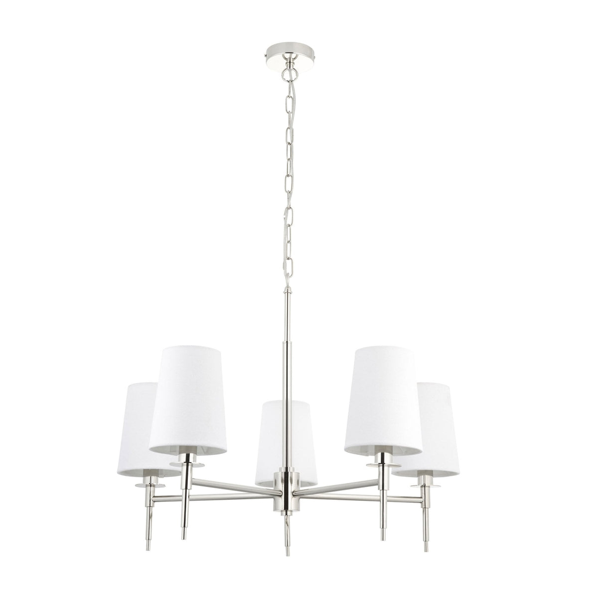A modern 5-arm chandelier with white fabric shades and a polished nickel finish.