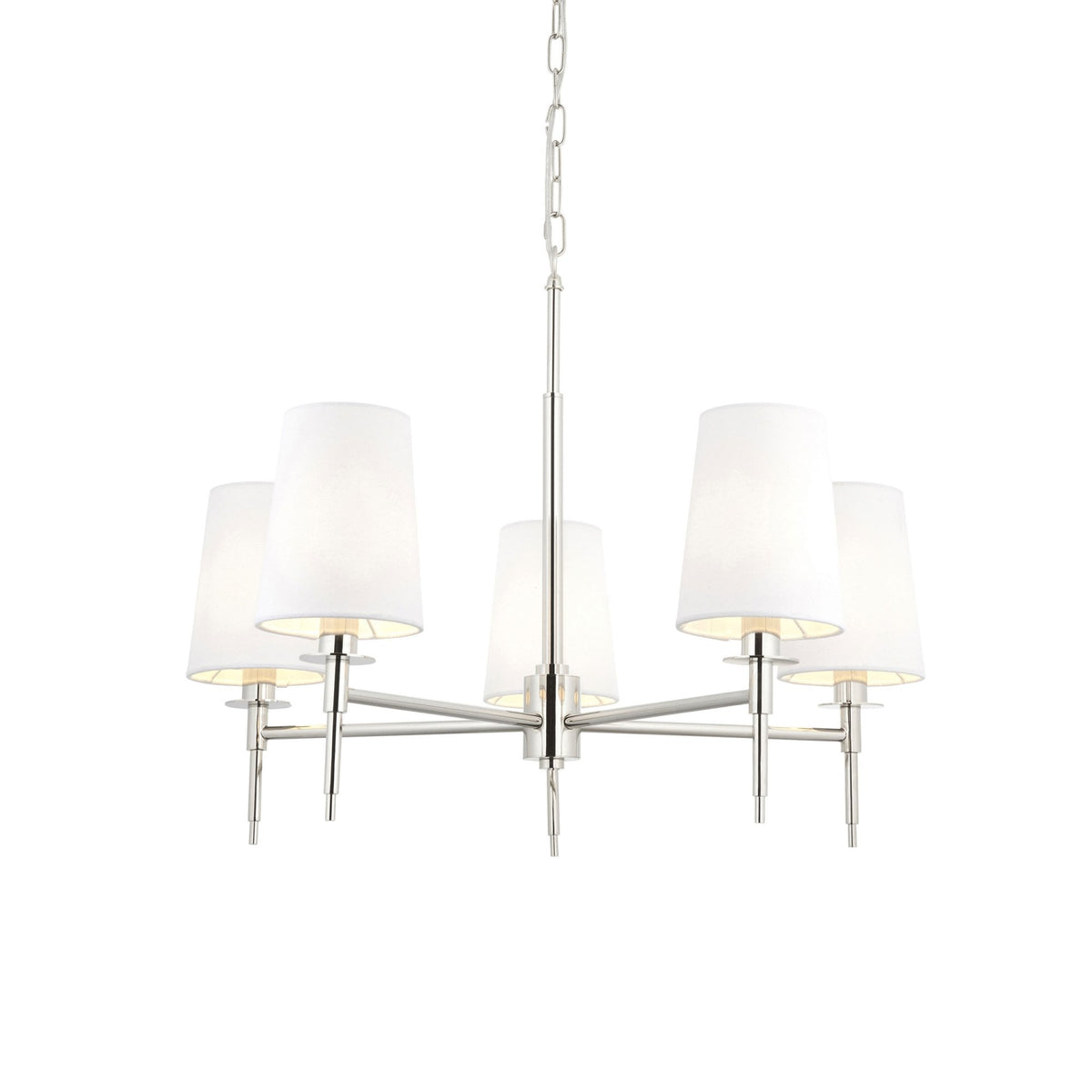 A sleek 5-arm chandelier with white shades, providing bright, even light.
