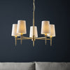 Warmwell Five Light Multi Arm Pendant in Satin Brass with White Shades