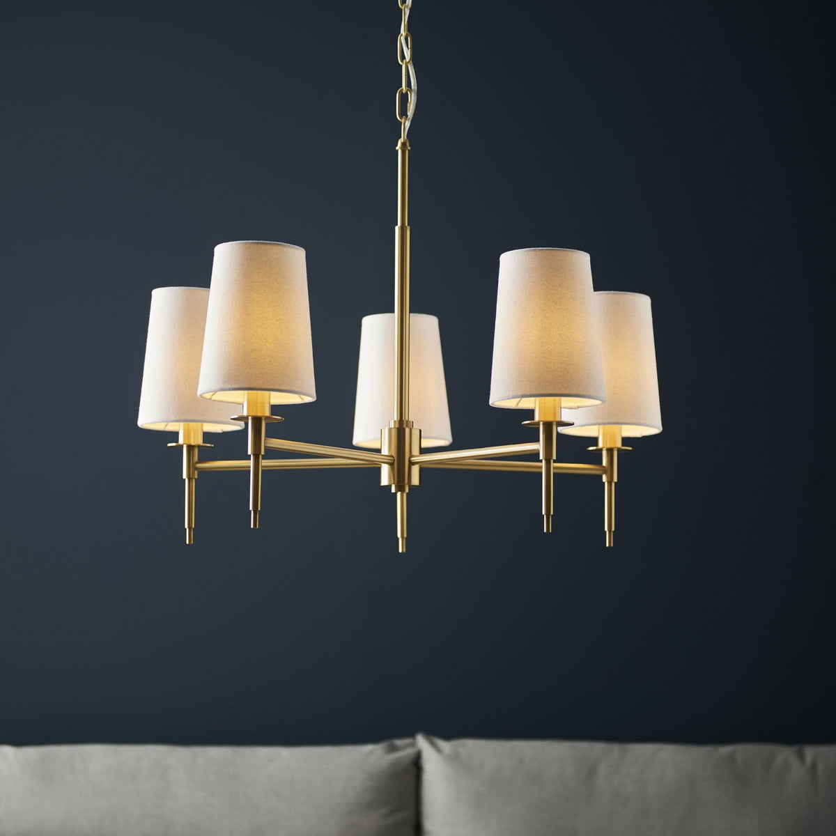 Warmwell Five Light Multi Arm Pendant in Satin Brass with White Shades