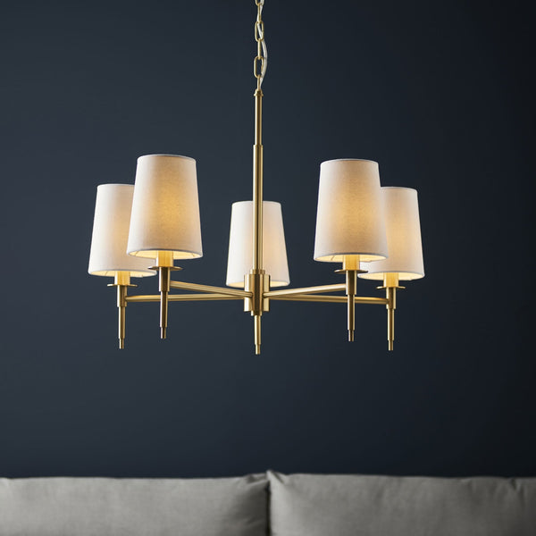 Warmwell Five Light Multi Arm Pendant in Satin Brass with White Shades