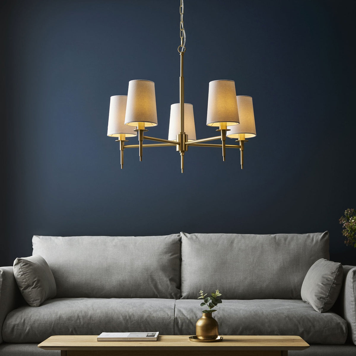 Warmwell Five Light Multi Arm Pendant in Satin Brass with White Shades
