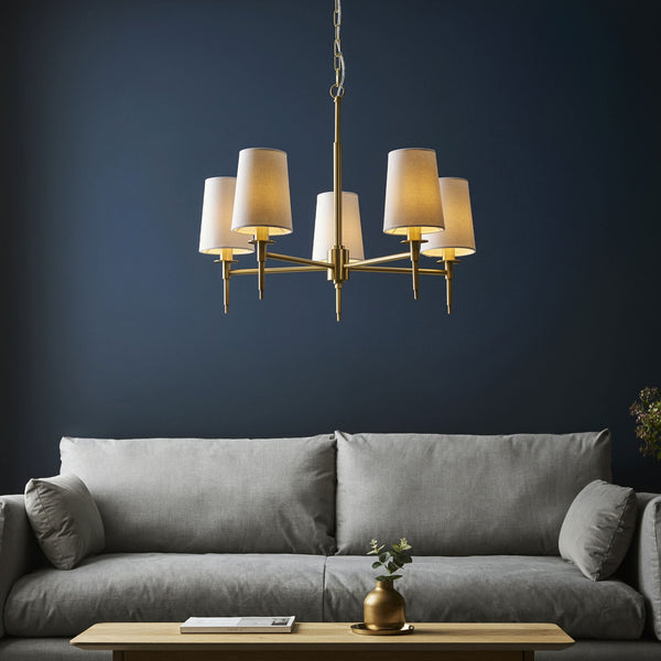 Warmwell Five Light Multi Arm Pendant in Satin Brass with White Shades