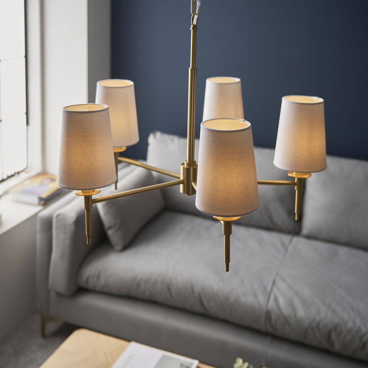 Warmwell Five Light Multi Arm Pendant in Satin Brass with White Shades