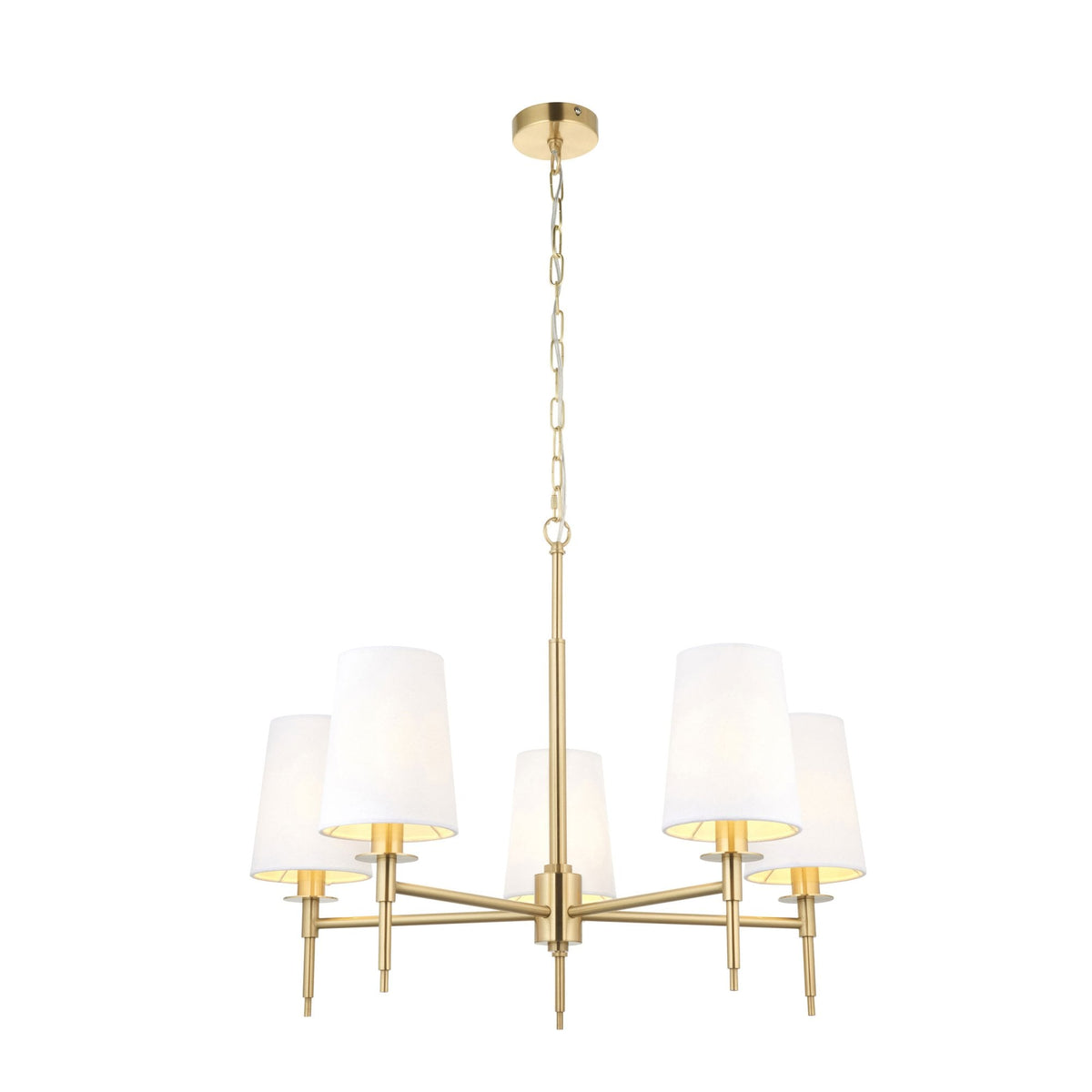 Warmwell Five Light Multi Arm Pendant in Satin Brass with White Shades