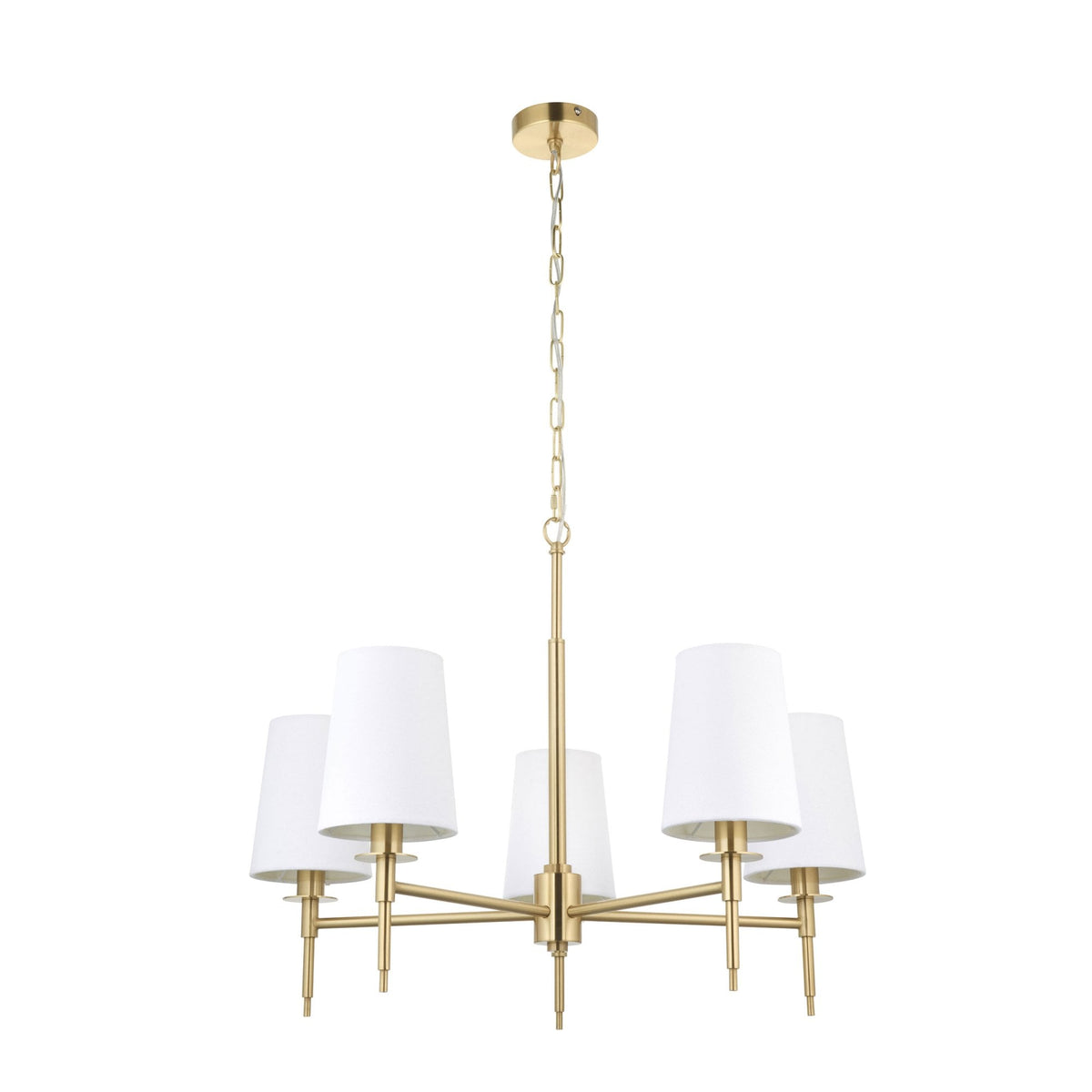 Warmwell Five Light Multi Arm Pendant in Satin Brass with White Shades