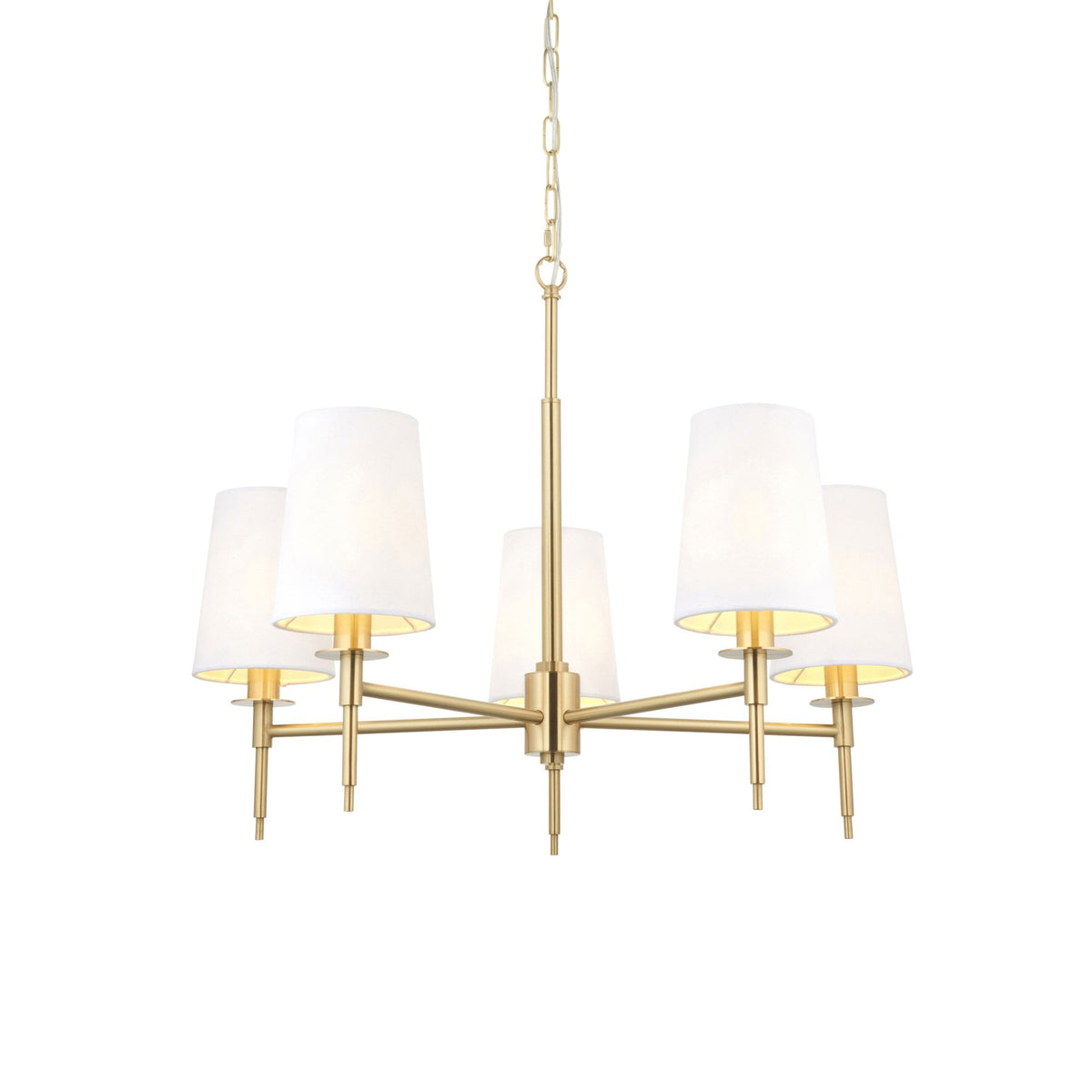 Warmwell Five Light Multi Arm Pendant in Satin Brass with White Shades