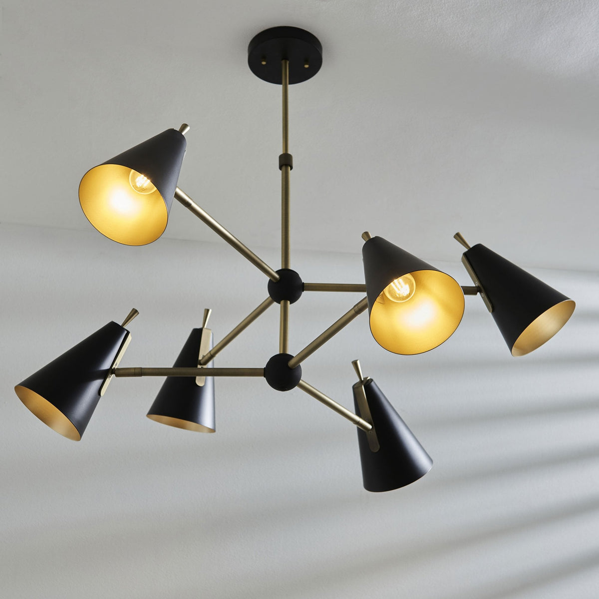Everett Six Light Multi Arm Pendant in Matt Antique Brass & Matt Black