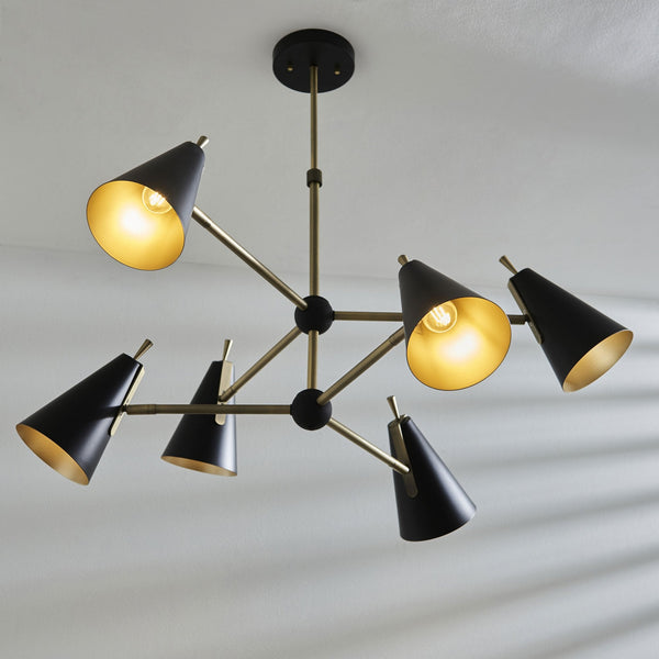Everett Six Light Multi Arm Pendant in Matt Antique Brass & Matt Black