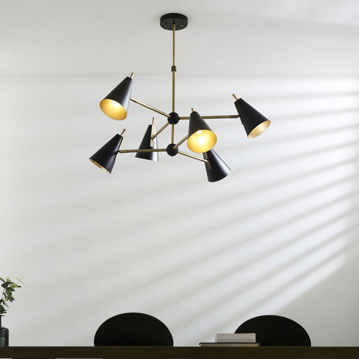 Everett Six Light Multi Arm Pendant in Matt Antique Brass & Matt Black
