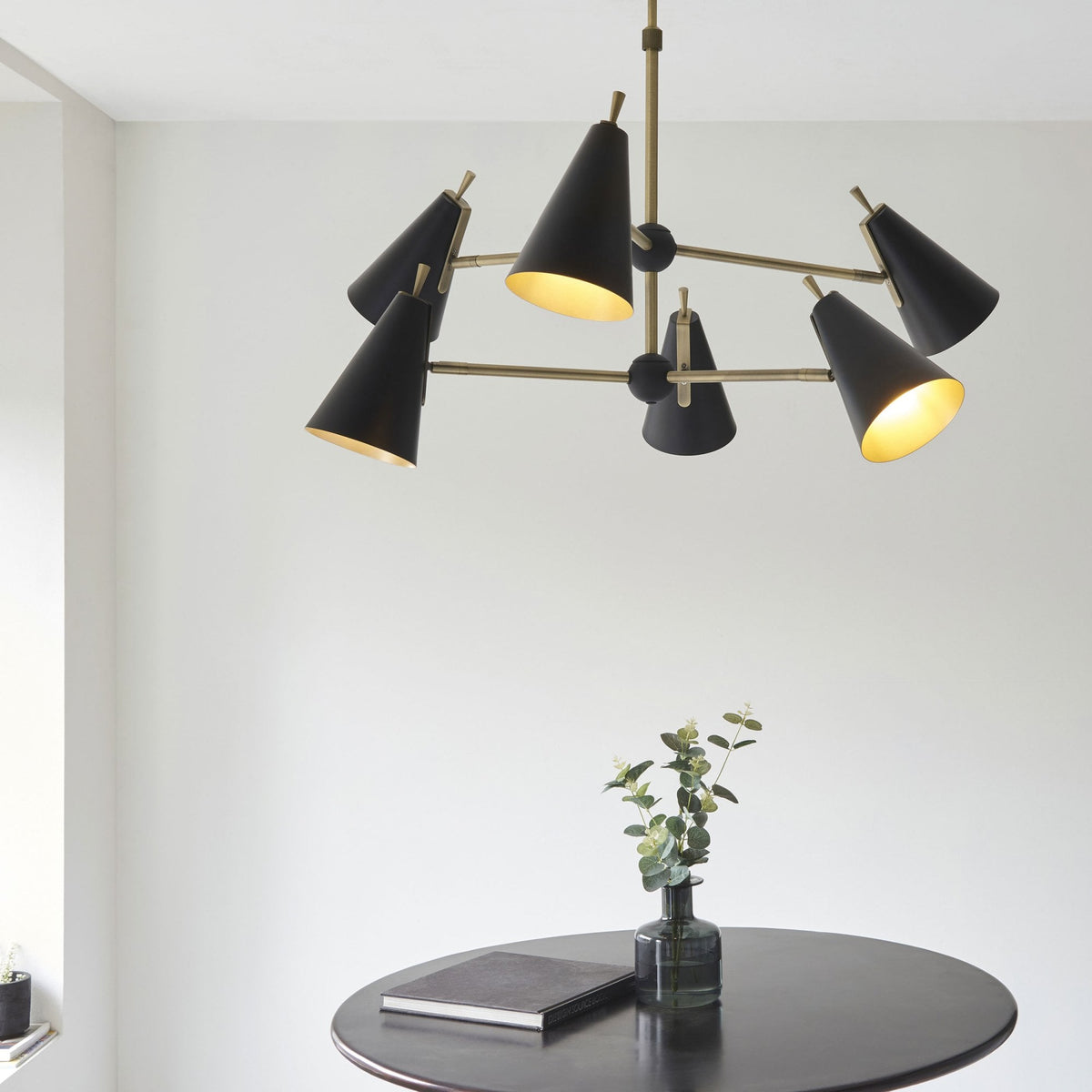 Everett Six Light Multi Arm Pendant in Matt Antique Brass & Matt Black