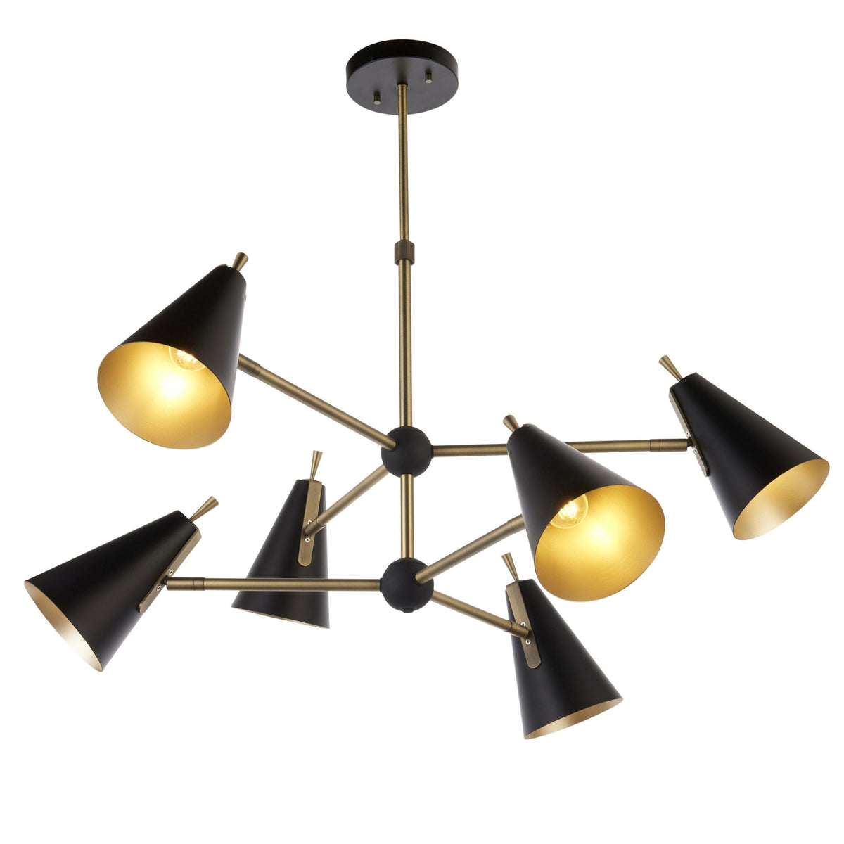 Everett Six Light Multi Arm Pendant in Matt Antique Brass & Matt Black