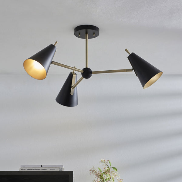 Everett Three Light Semi Flush in Matt Antique Brass & Matt Black