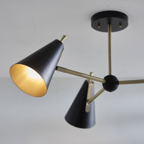 Everett Three Light Semi Flush in Matt Antique Brass & Matt Black