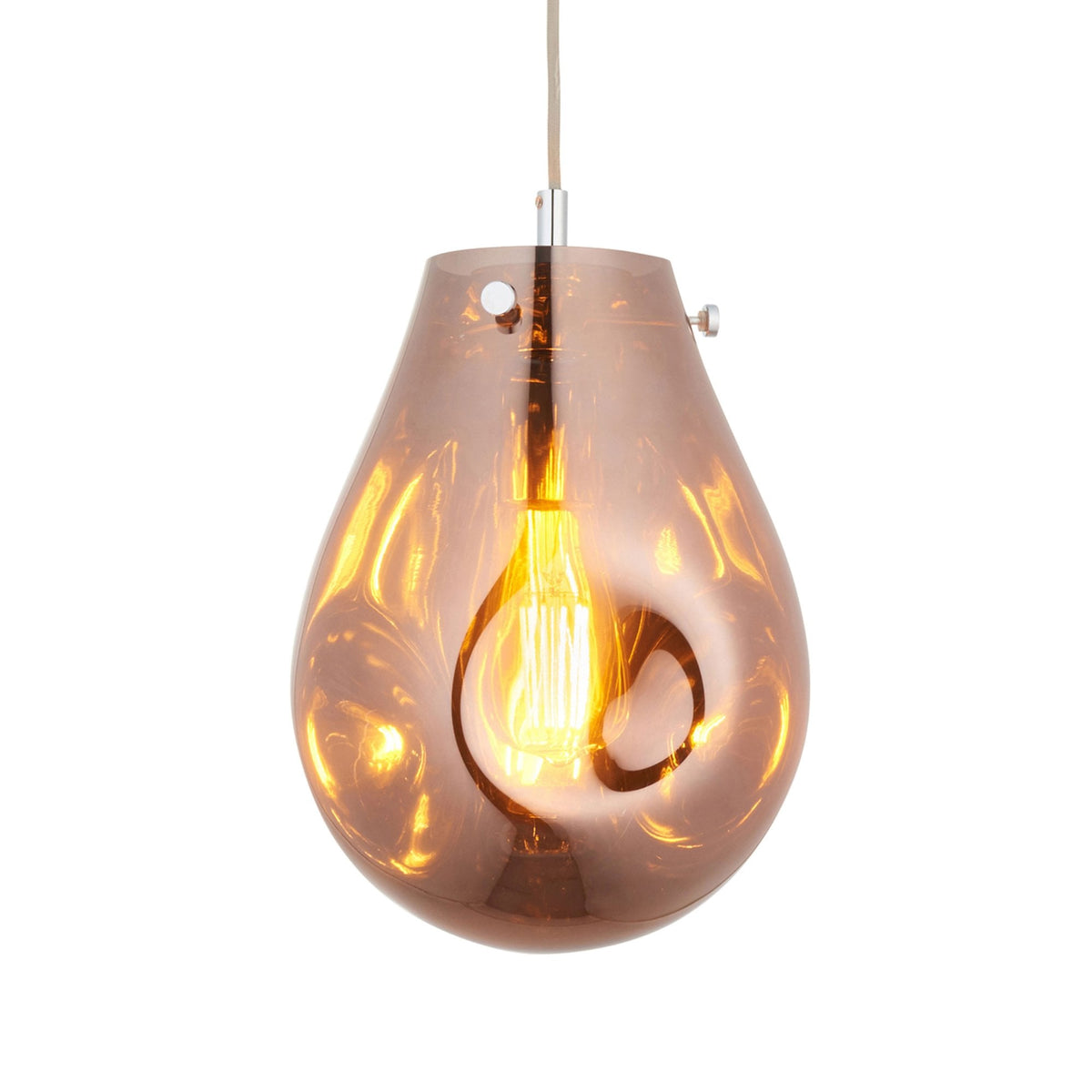 A single amber-tinted glass pendant light, switched on, against a white background.