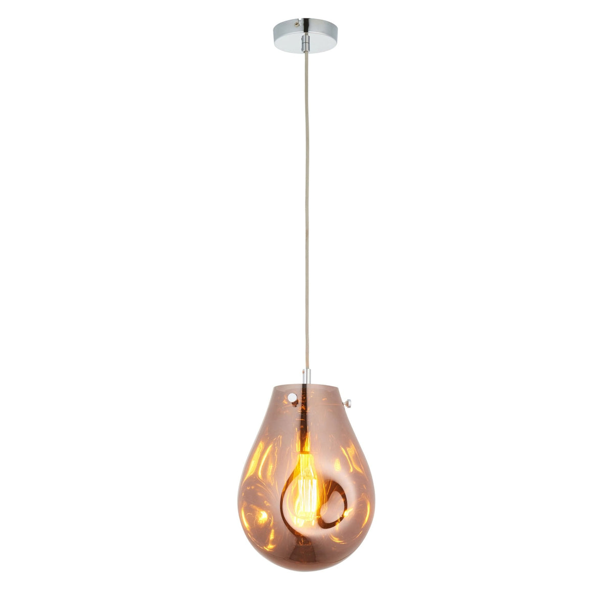A full-length view of the amber-tinted glass pendant light with a chrome fixture.