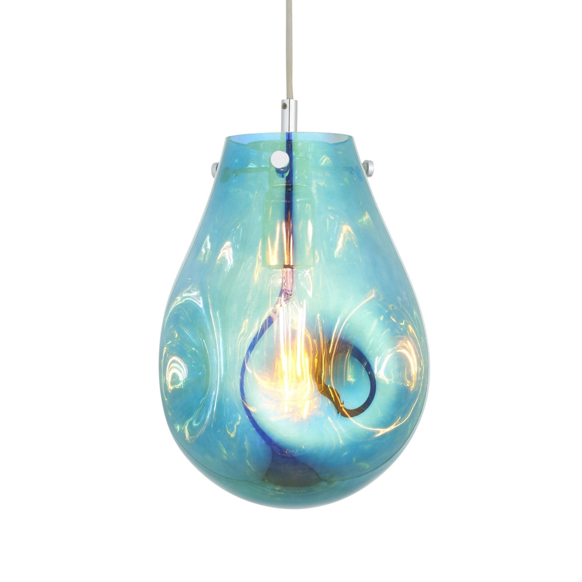 Teardrop pendant light in iridescent blue and amber with a lit bulb against a white background.