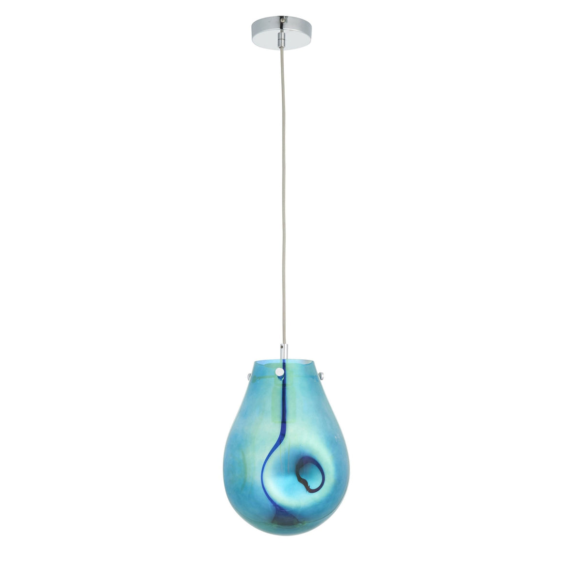 Teardrop pendant light in iridescent blue and amber with an unlit bulb against white.