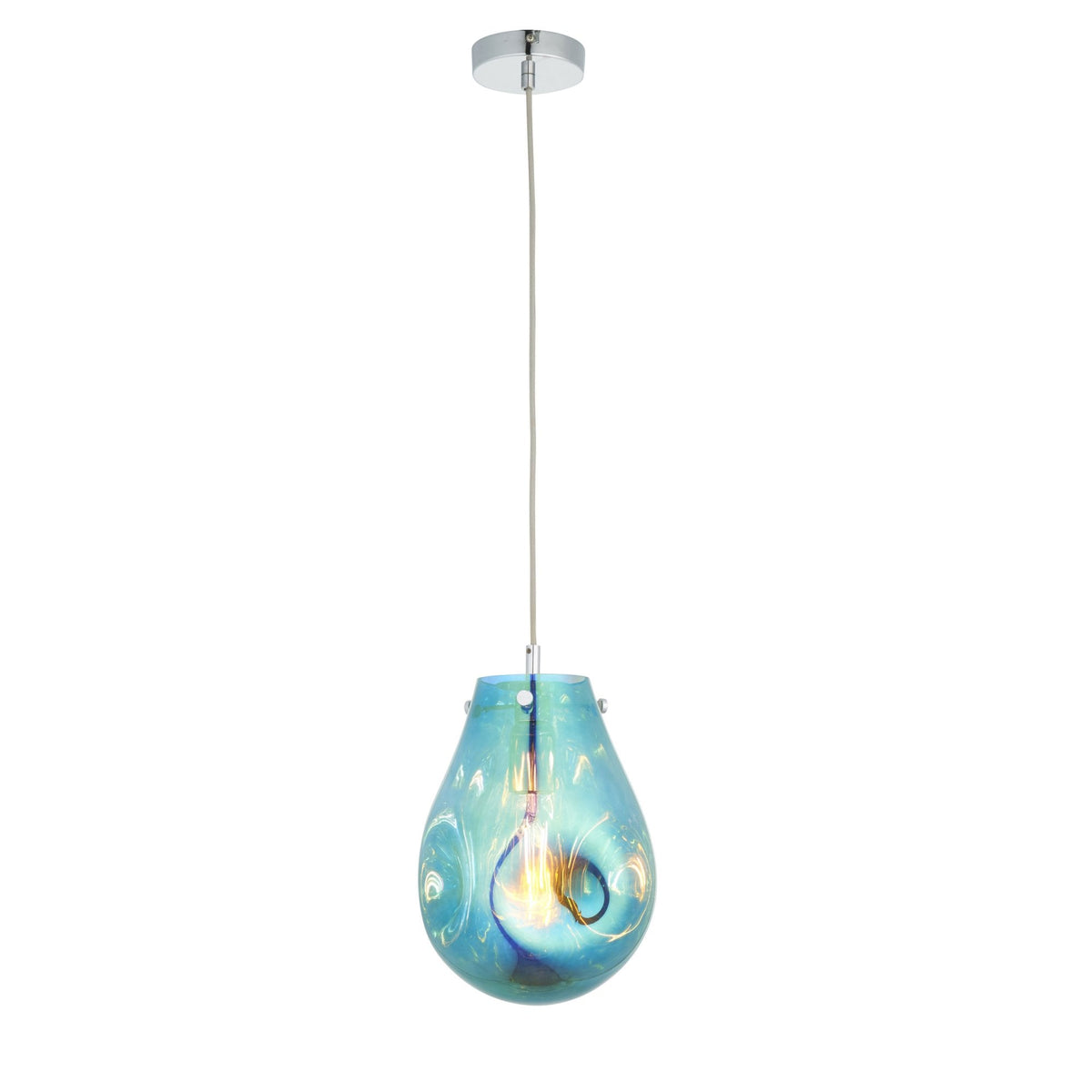 Teardrop pendant light in iridescent blue and amber with a lit bulb against a white background.