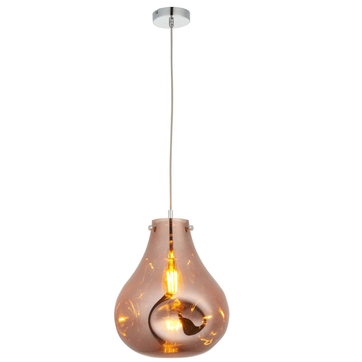 An illuminated bronze glass pendant light with a unique, organic shape, hanging from a chrome ceiling rose on a white background.