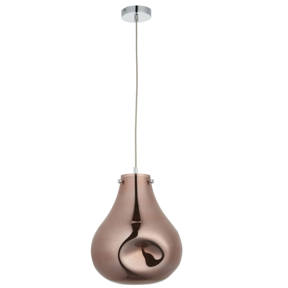 A bronze-colored glass pendant light with a distinct, organic, melting shape, hanging from a chrome ceiling rose on a white background, unlit.