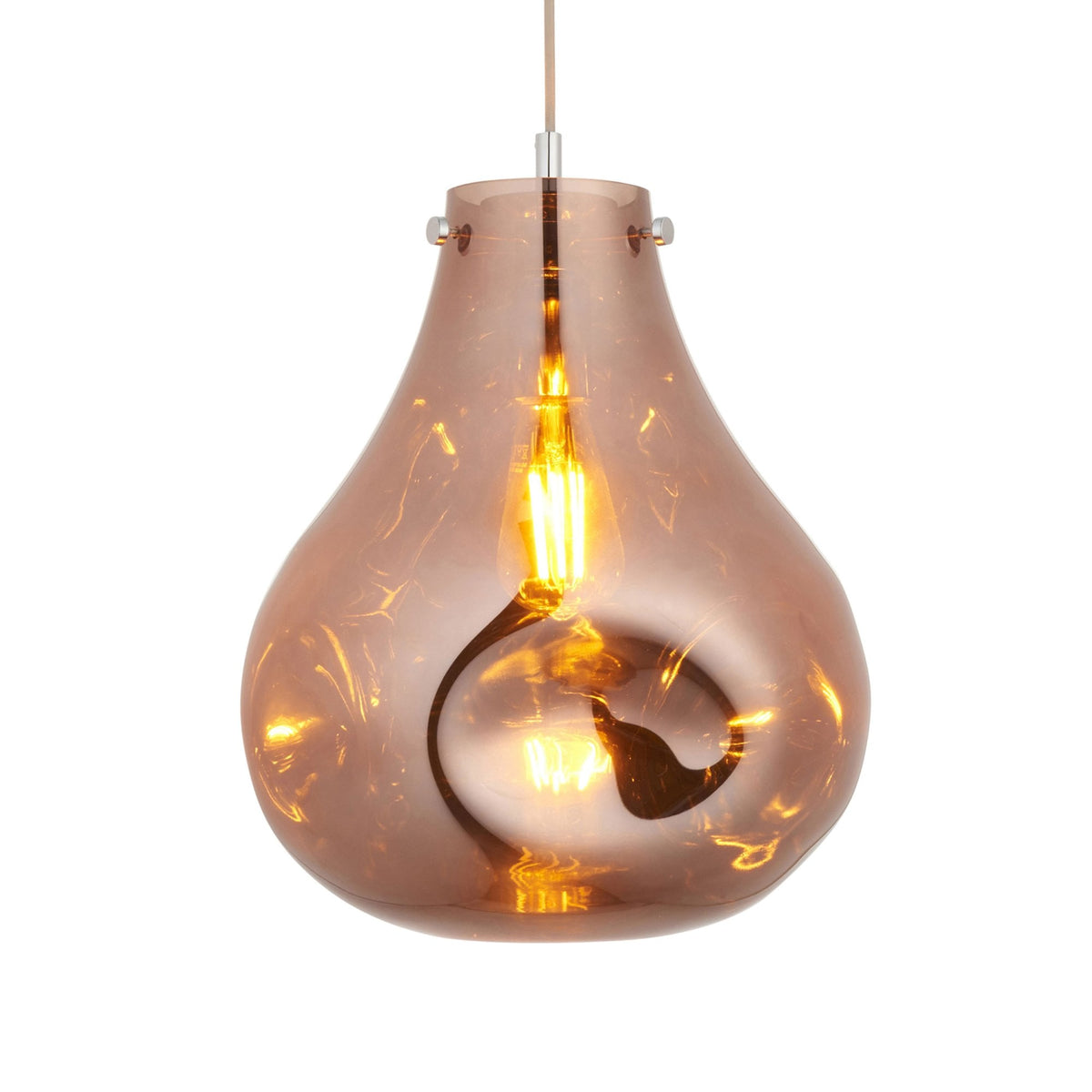 An illuminated bronze glass pendant light with an organic, melting design on a white background.