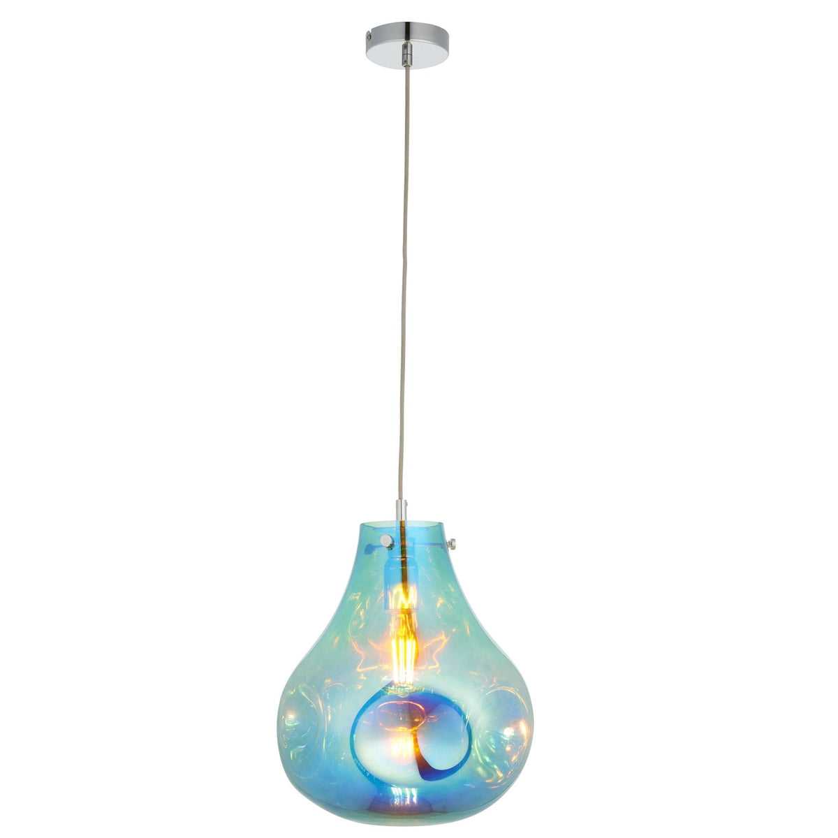 Iridescent glass pendant light, teardrop shape with a lit bulb, on a white background.