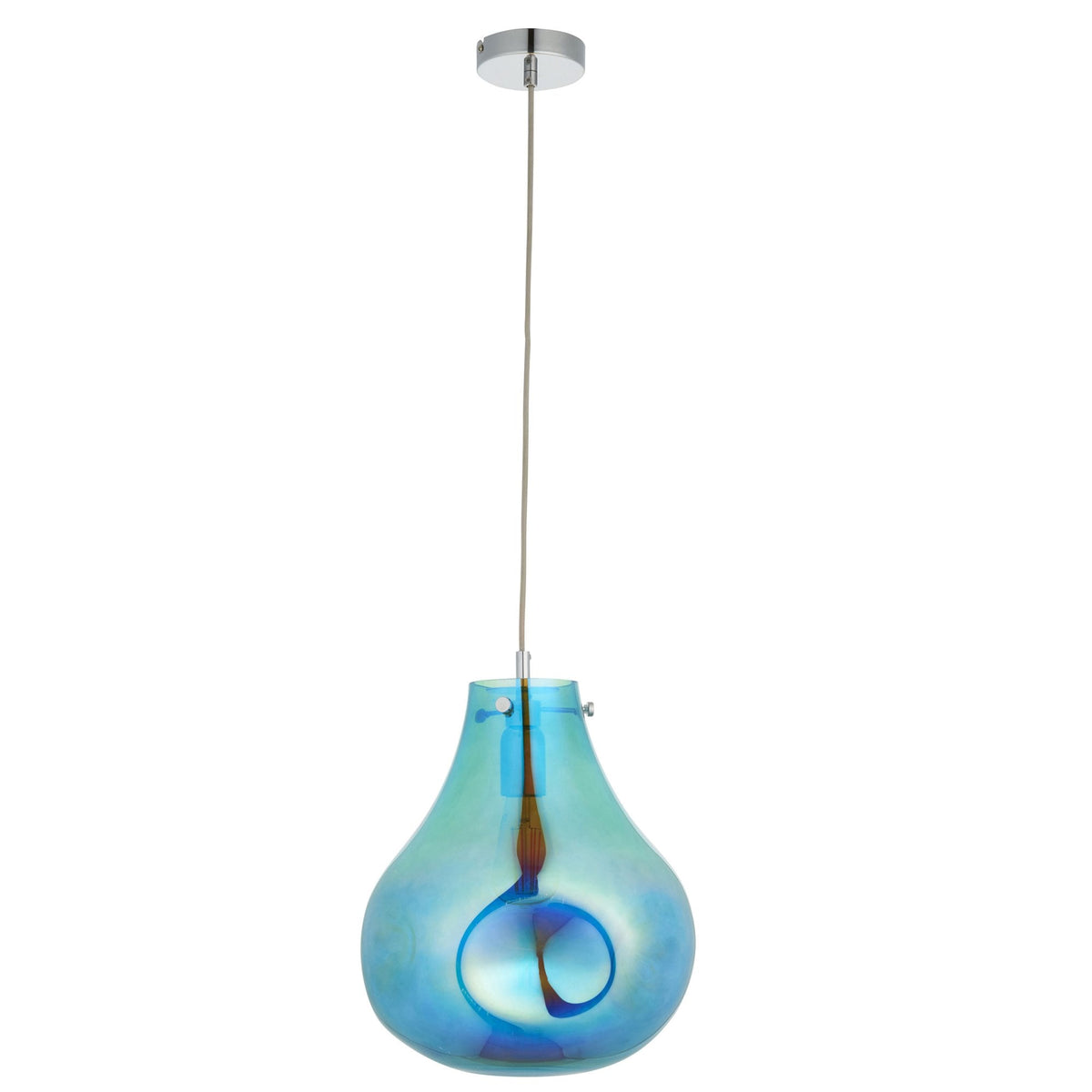 Iridescent glass pendant light, teardrop shape with an unlit bulb, on a white background.