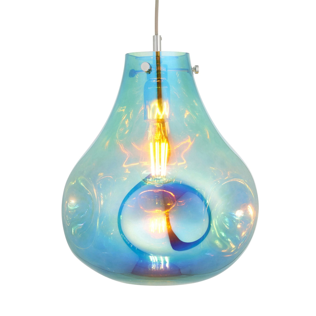 Close-up of the iridescent glass pendant light with a lit bulb, on a white background.