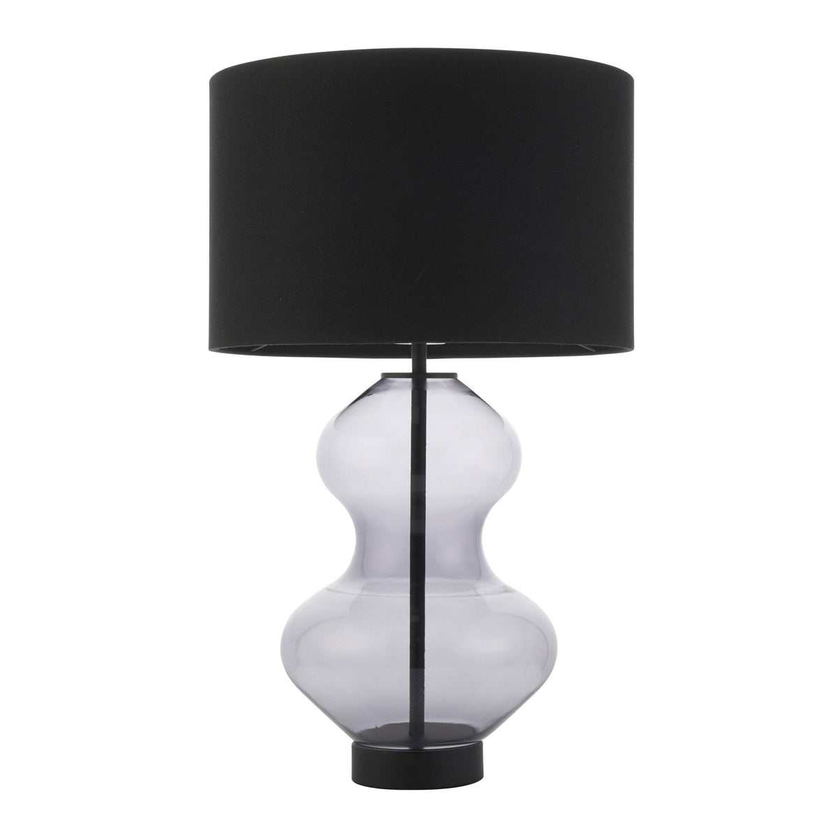 A modern table lamp with a dark gray hourglass-shaped glass base and a black cylindrical lampshade, on a white background.