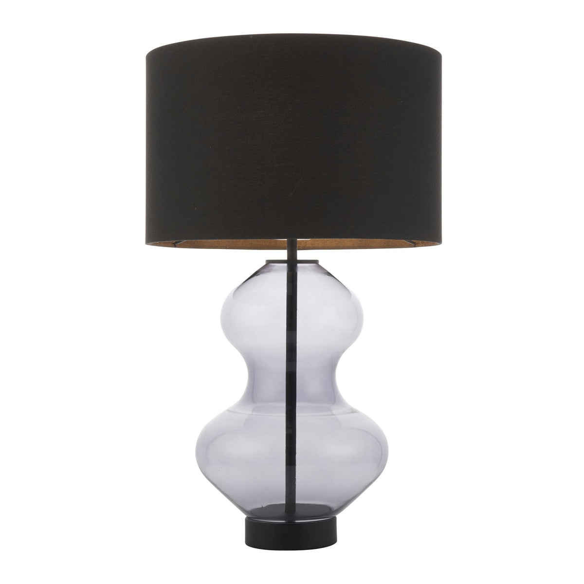 A modern table lamp with a dark gray hourglass-shaped glass base and a black cylindrical lampshade, on a white background.