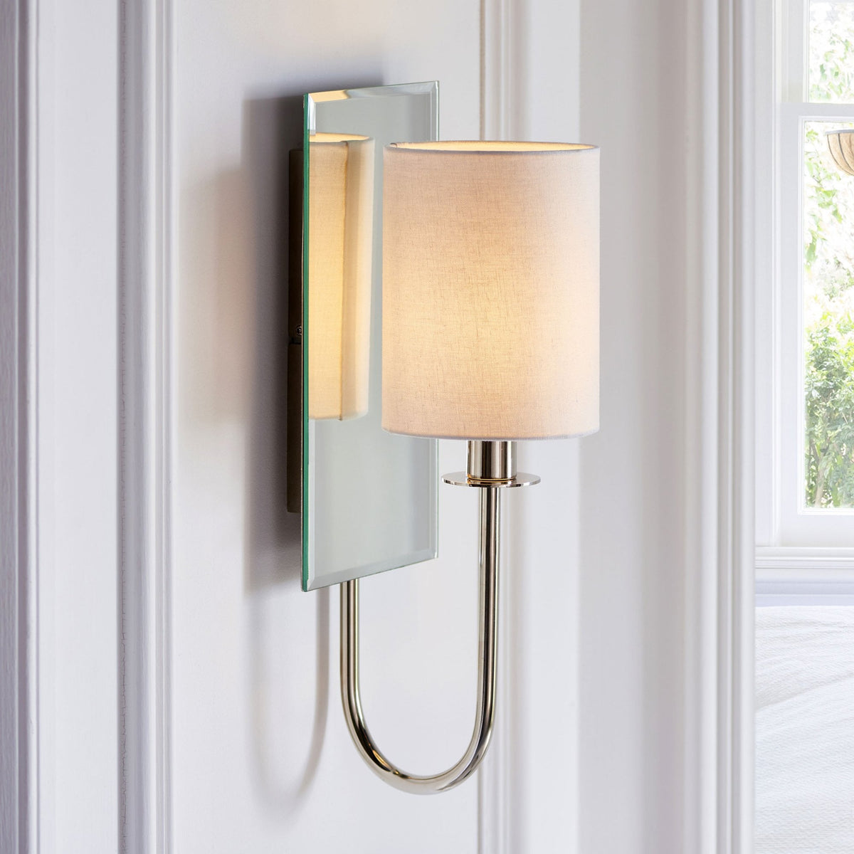 Mirror Line Mirrored Wall Light in Bright Nickel & Vintage White Shade