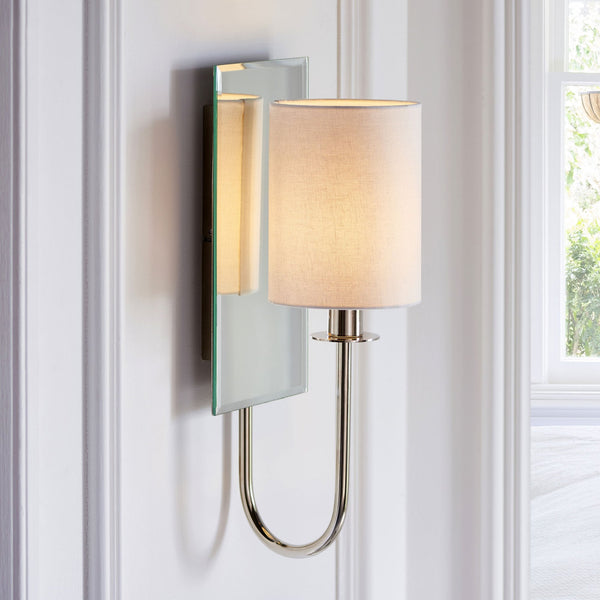 Mirror Line Mirrored Wall Light in Bright Nickel & Vintage White Shade