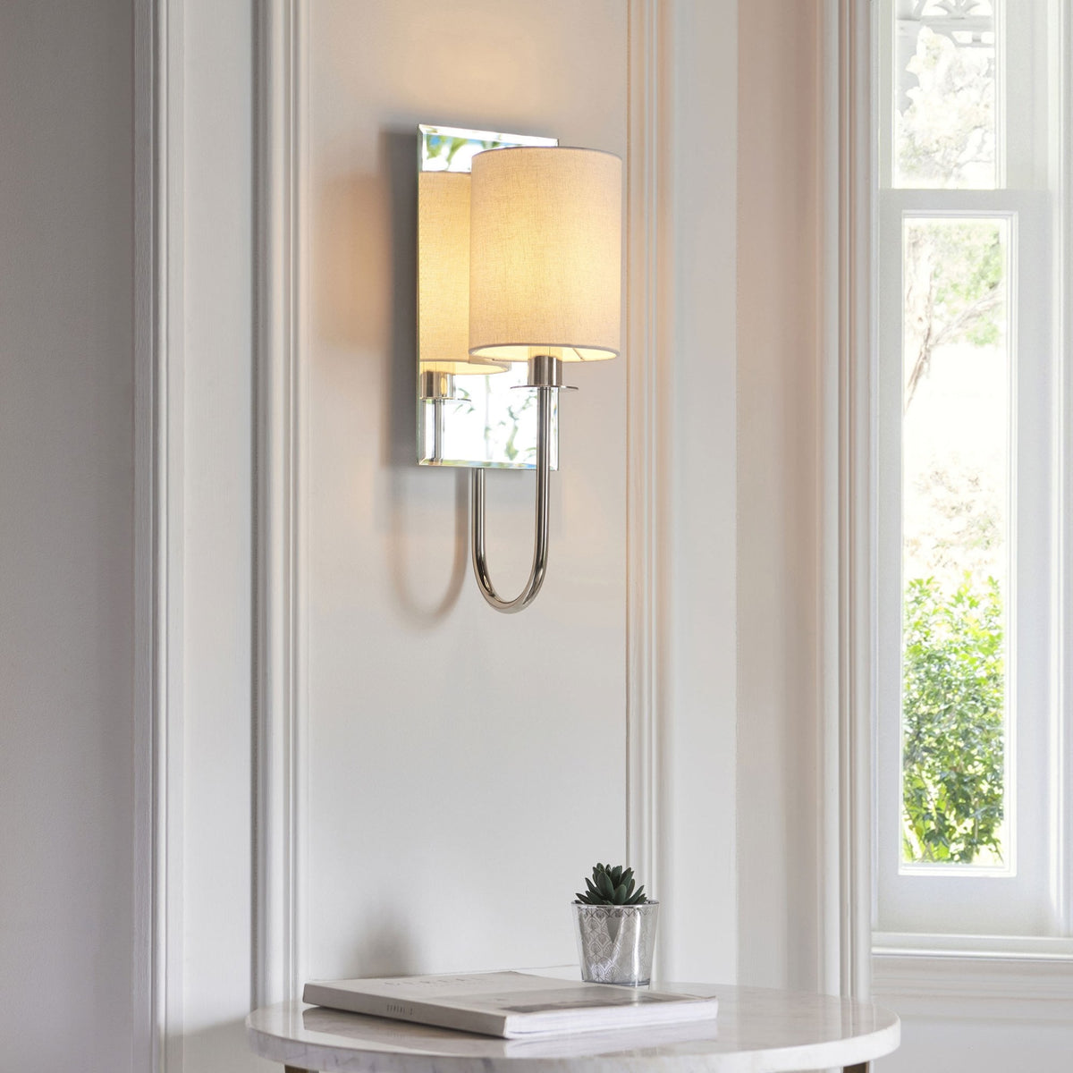 Mirror Line Mirrored Wall Light in Bright Nickel & Vintage White Shade