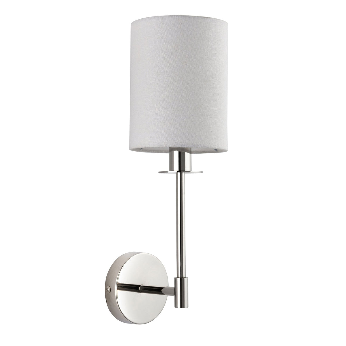 A polished nickel wall sconce featuring a white fabric drum shade, isolated on a white background.