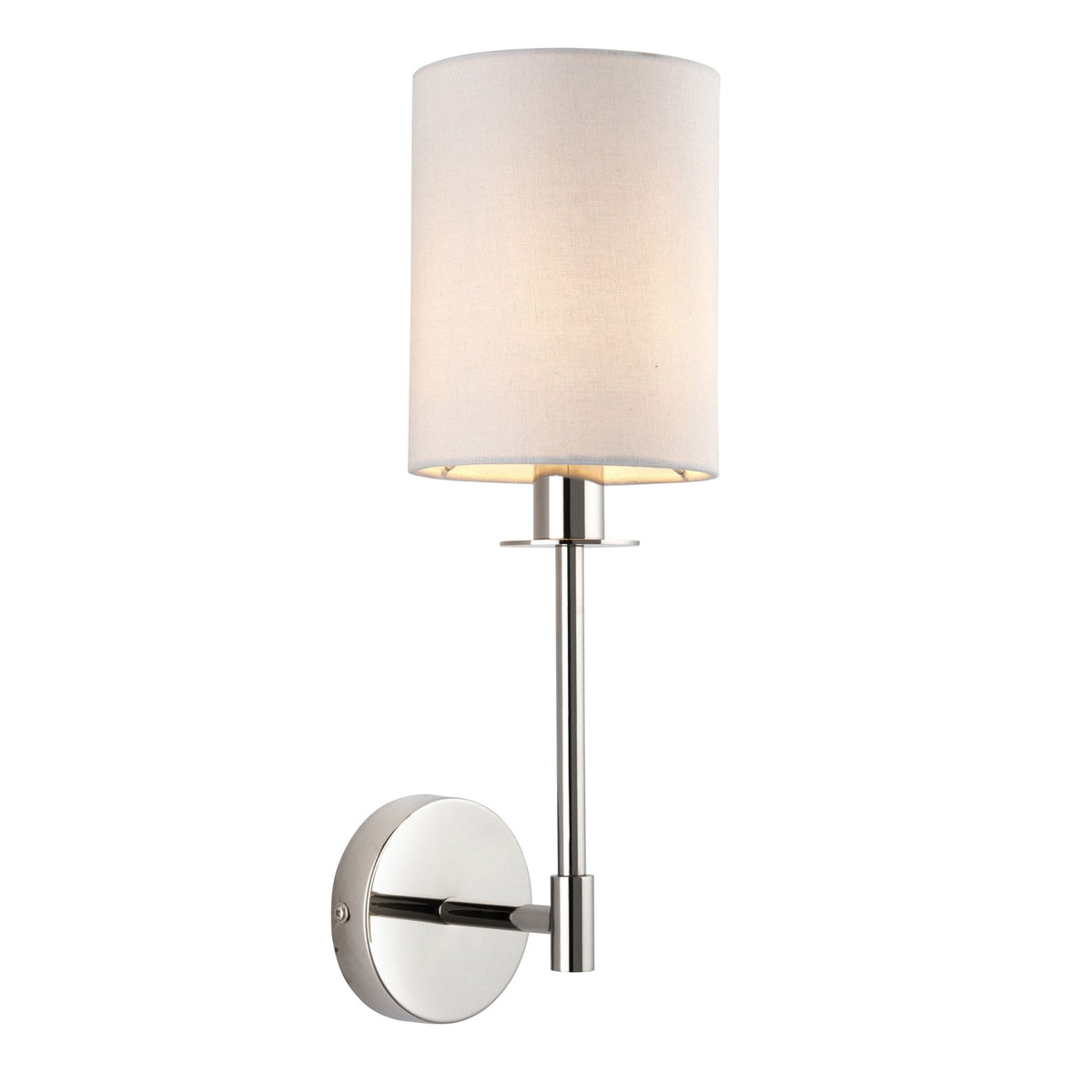 A polished nickel wall sconce with a simple white fabric drum shade, set against a clean white background.