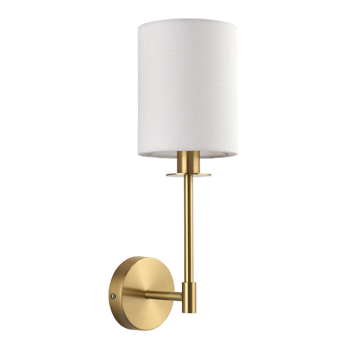 A modern brass wall sconce featuring a clean white fabric cylindrical shade on a white background.