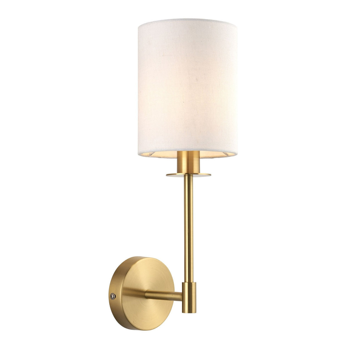A modern brass wall sconce featuring a clean white fabric cylindrical shade on a white background.
