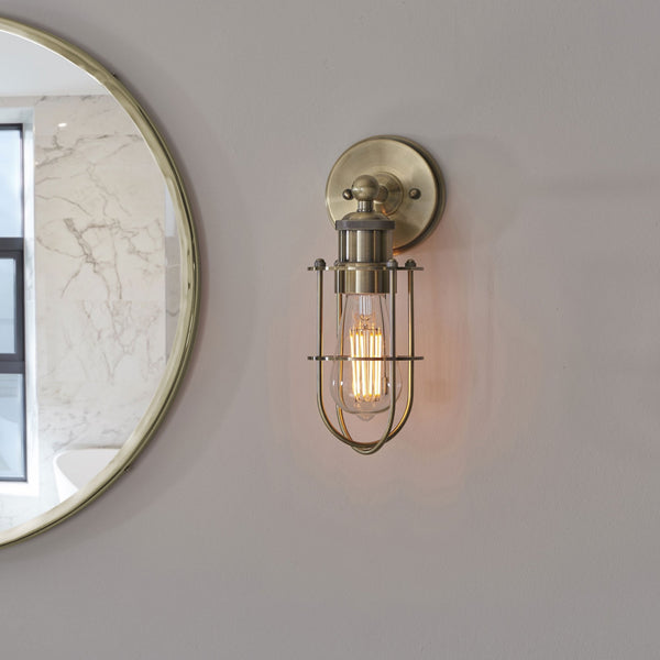 Crew Caged IP44 Switched Wall Light in Antique Brass